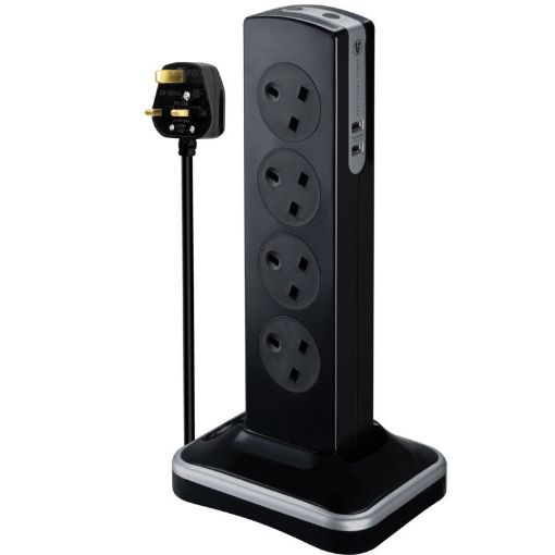 Picture of Masterplug 8 Socket Surge Protected Extension Tower with 2x USB, 2m Lead